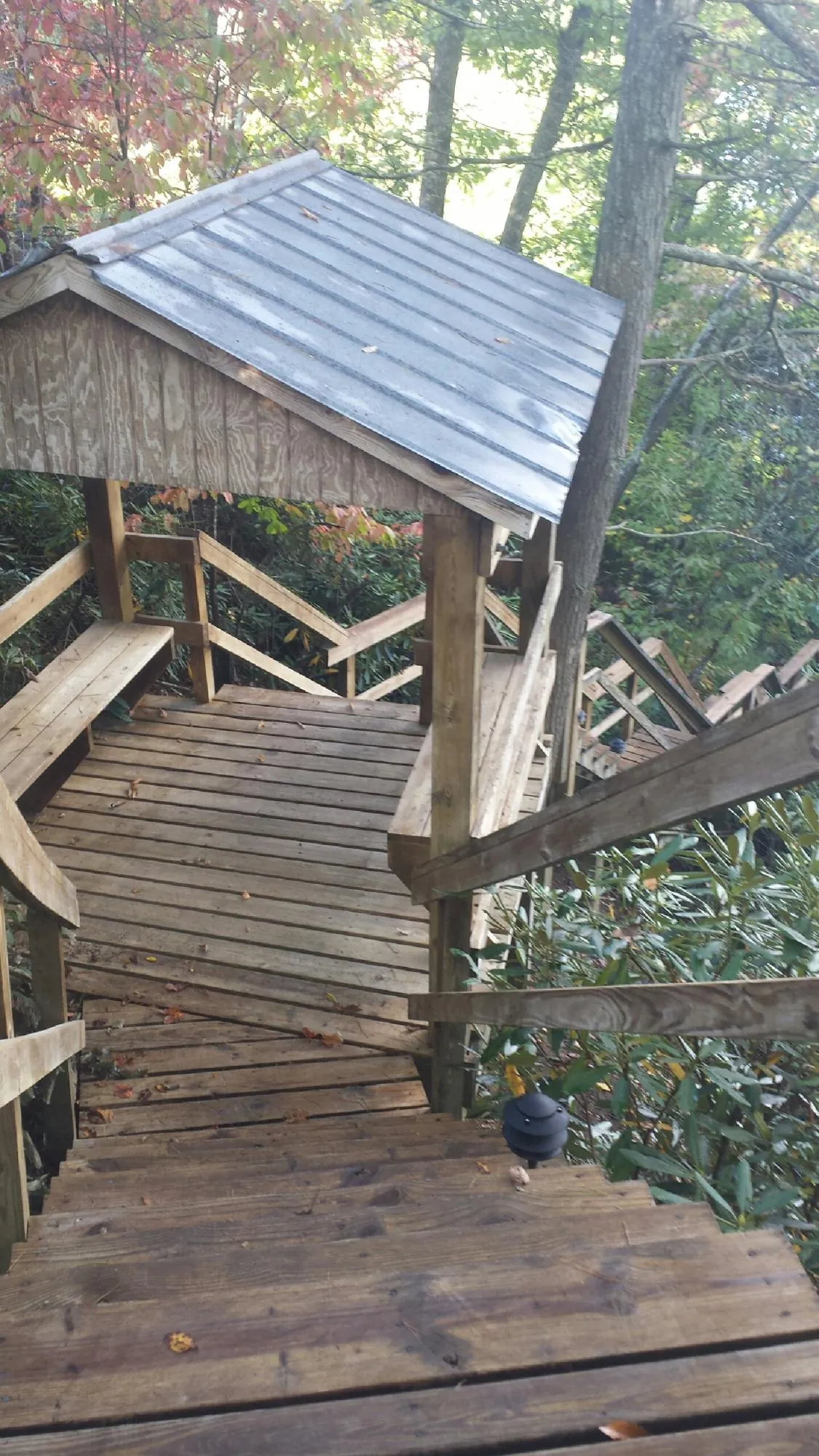 Metal roofed shelter over wooden steps on a wooded walkway — Skylight Repair & Installation work by our crew in Mcadoo